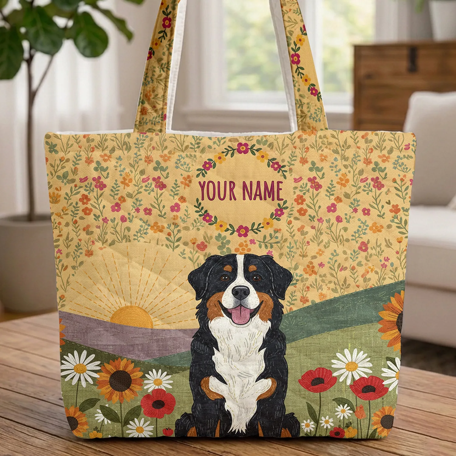 Bernese Mountain Dog Wildflower Meadow Floral Wreath Name - Everyday Carry Gift for Dog Lover Quilted Tote Bag - 1