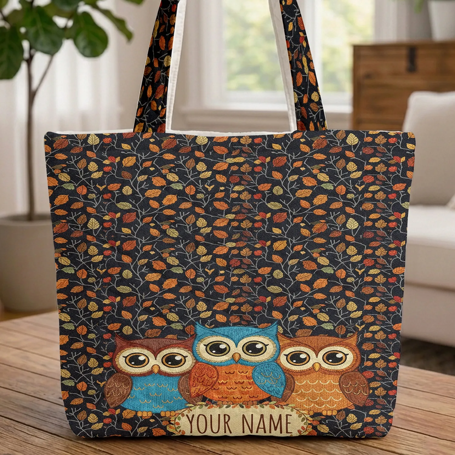 Three Closely Nestled Owls Autumn Leaves Branches - Everyday Carry Gift for Owl Lover Quilted Tote Bag - 1
