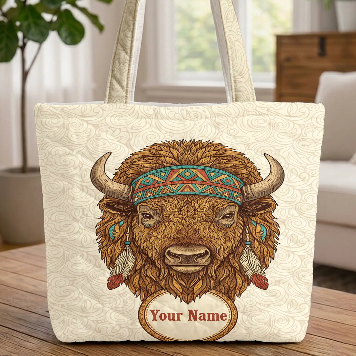 Personalized Bison Head Turquoise Headpiece Feathers - Wildlife Lover Everyday Carry Gift Quilted Tote Bag - 1