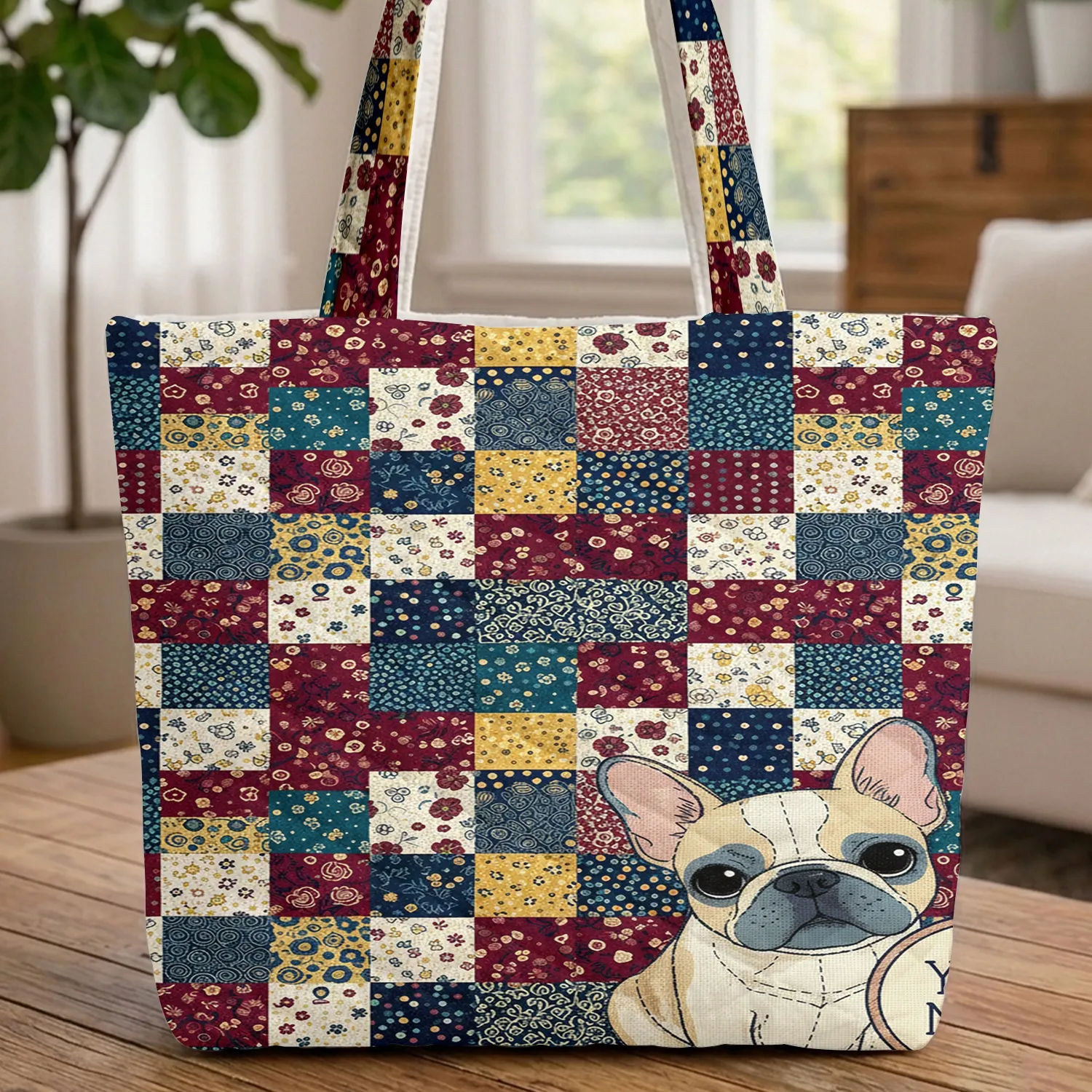 Personalized French Bulldog Patchwork Polka Dot Floral Everyday Carry Gift for Dog Lovers Quilted Tote Bag - 1