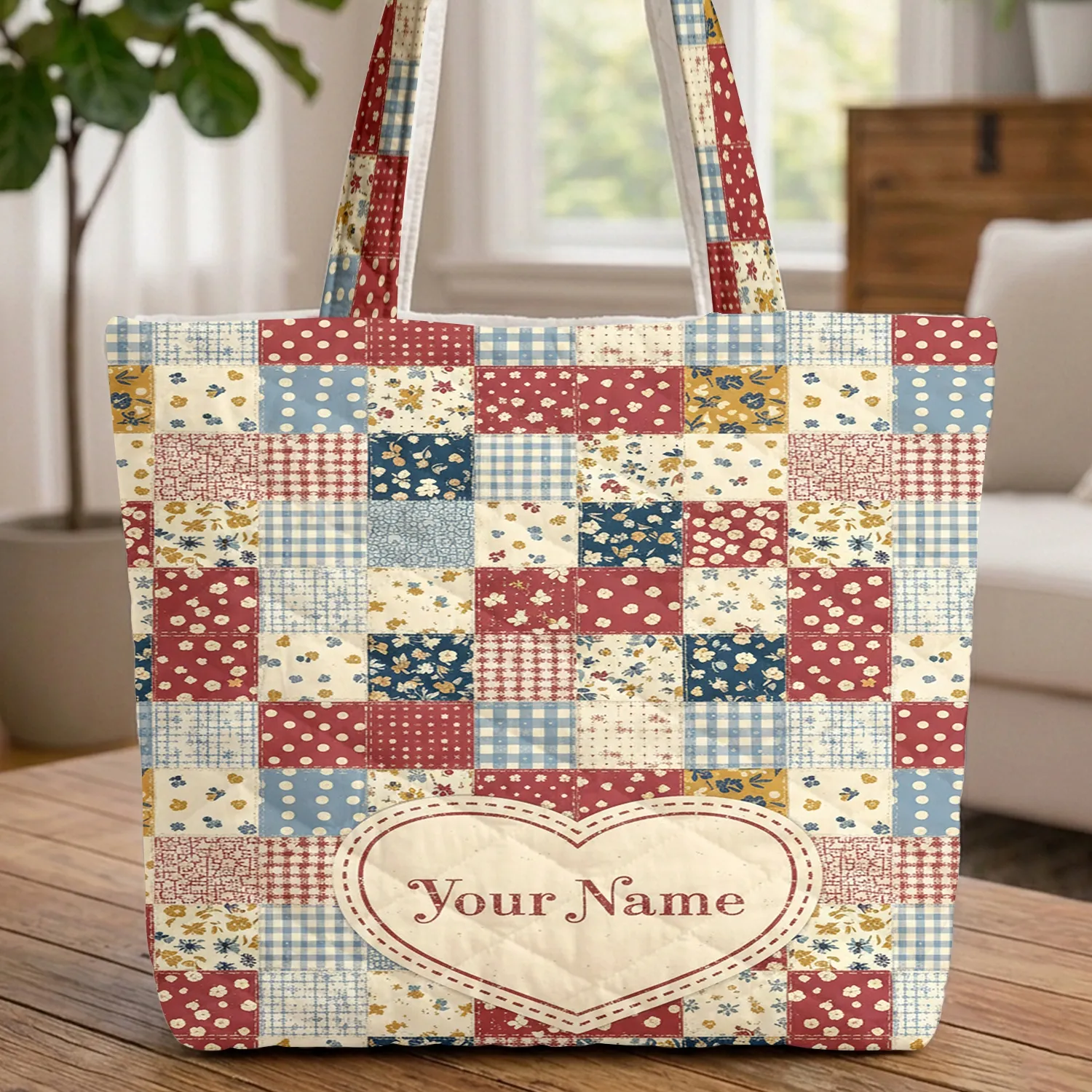 Patchwork Plaids Floral Polka Dot Ornate Heart Cartouche Everyday Carry Gift Quilted Tote Bag - 1