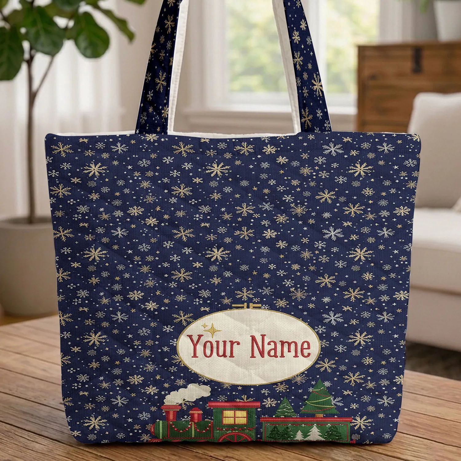 Christmas Train Engine Snowflakes Stars - Christmas Everyday Carry Gift Quilted Tote Bag - 1