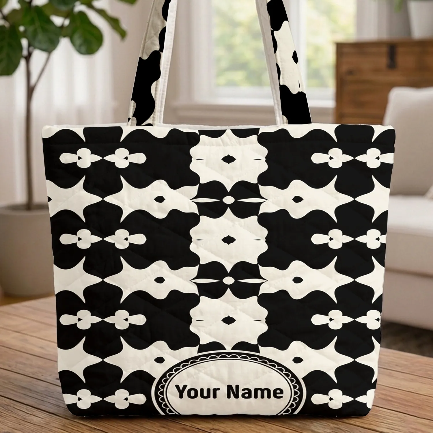 Your Name Circle Bordered Five Petal Flowers Everyday Carry Gift Quilted Tote Bag - 1