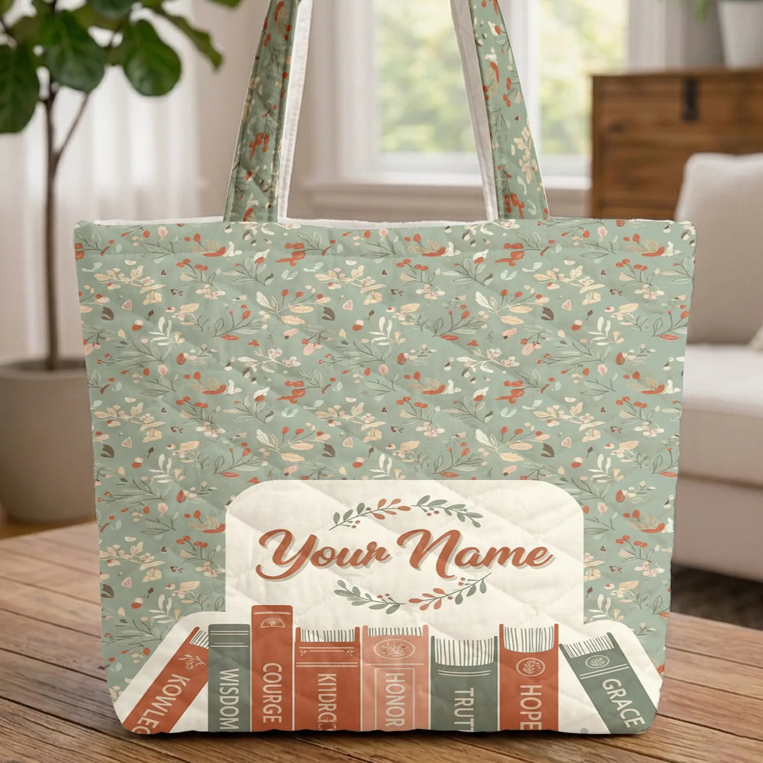 Stylized Books Names Virtues Botanical Garland Floral Wreath - Everyday Carry Gift Quilted Tote Bag - 1