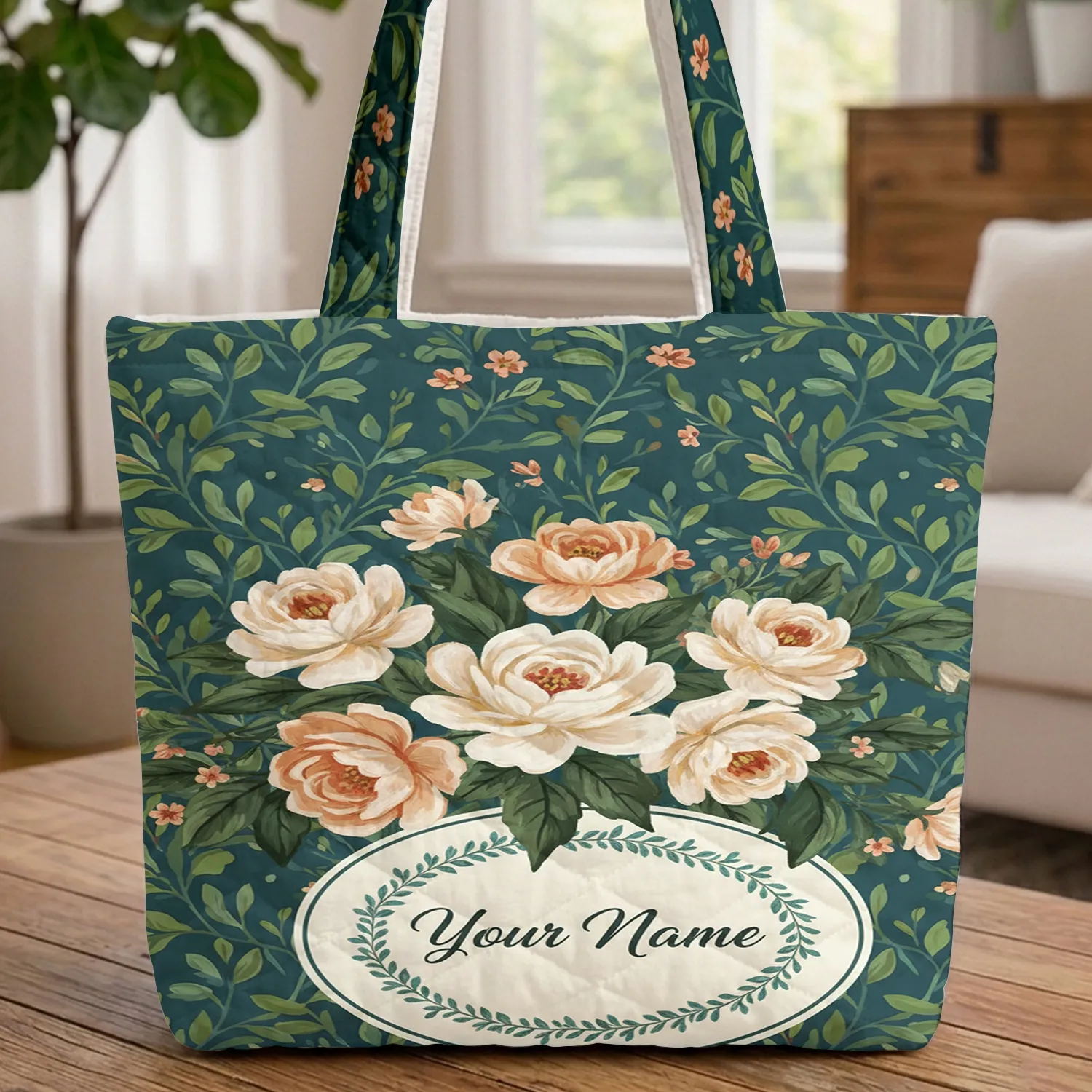 Teal Green Botanical Blossoms Creamy Peach Flowers Leaf Garland - Everyday Carry Gift Quilted Tote Bag - 1