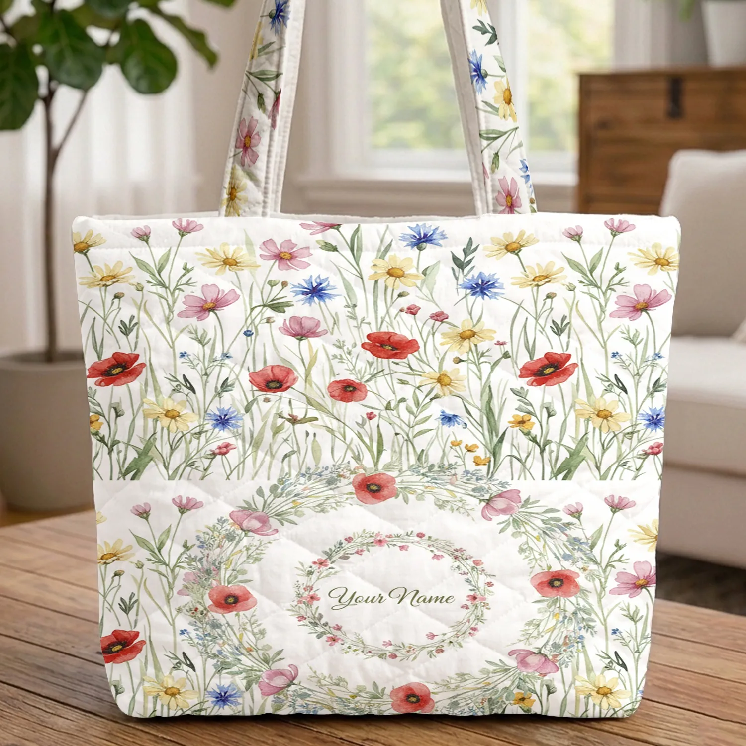 Wildflower Meadow Botanical Wreath Personalized Name Everyday Carry Gift Quilted Tote Bag - 1