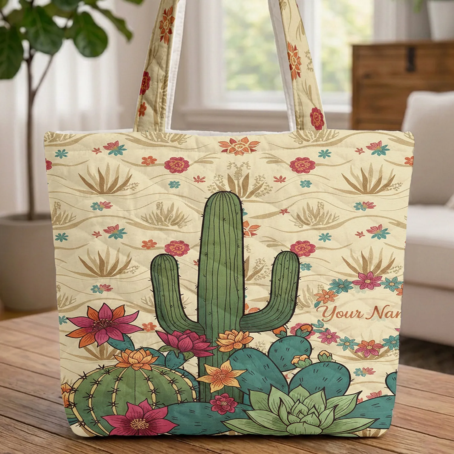 Desert Sand Ripple Cacti Succulents Personalized Floral Wreath - Everyday Carry Gift Quilted Tote Bag - 1