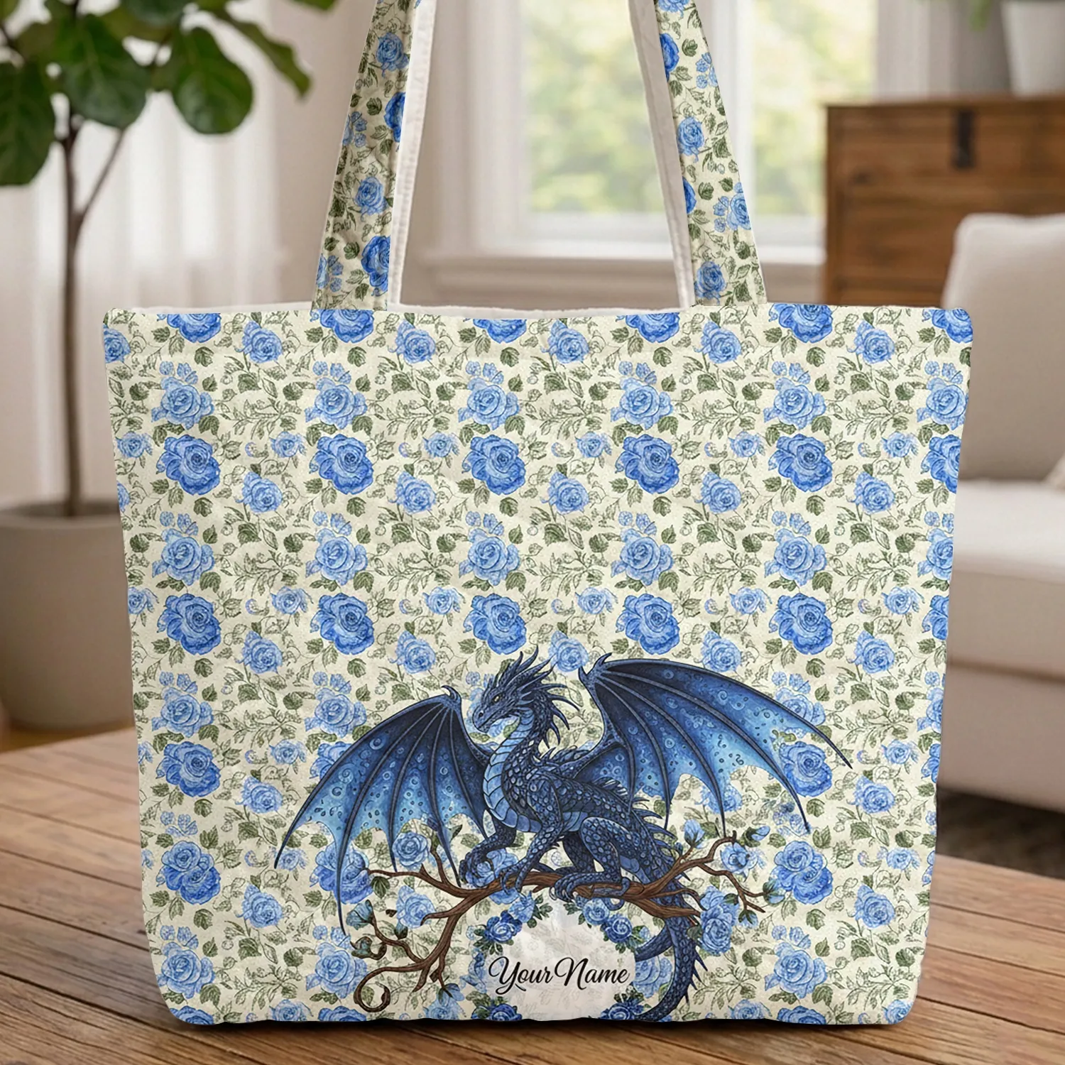 Majestic Blue Dragon Blue Roses Swirling Foliage Personalized Travel Essentials Quilted Tote Bag - 1