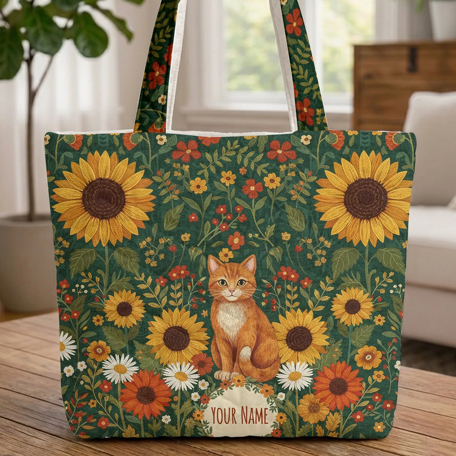 Ginger Cat Sunflower Garden Fall Blooms - Everyday Carry Gift for Cat Lovers Quilted Tote Bag - 1