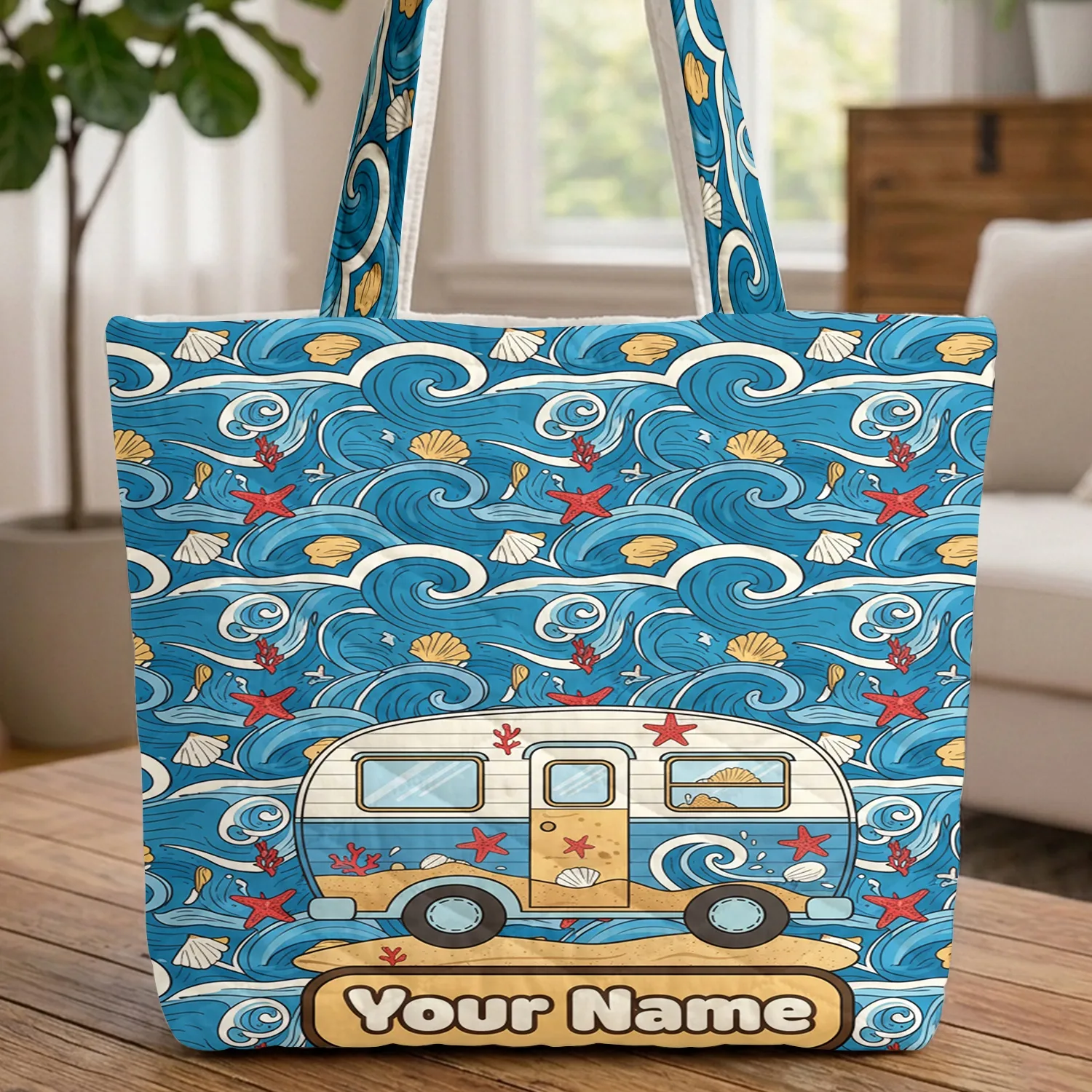 Vintage Camper Van Ocean Waves Seashells Enamel Plaque - Travel Essentials Gift Quilted Tote Bag - 1