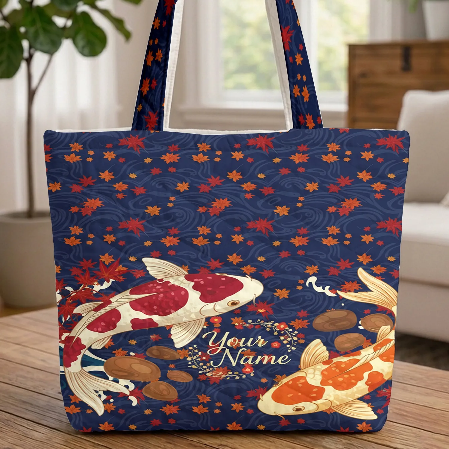 Ornate Koi Fish Japanese Maple Leaves with Waves - Everyday Carry Gift Quilted Tote Bag - 1