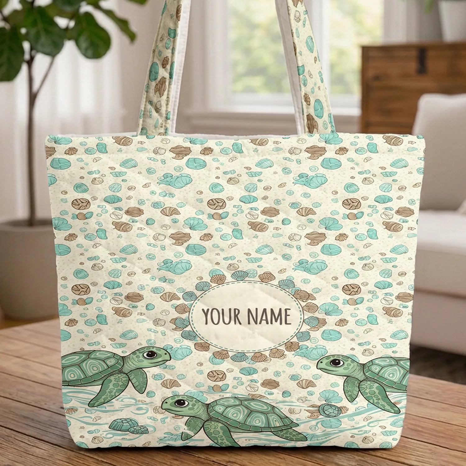 Sea Turtles Seashells Sand Dollars Seafoam Bubbles Personalized Medallion - Travel Essentials Quilted Tote Bag - 1