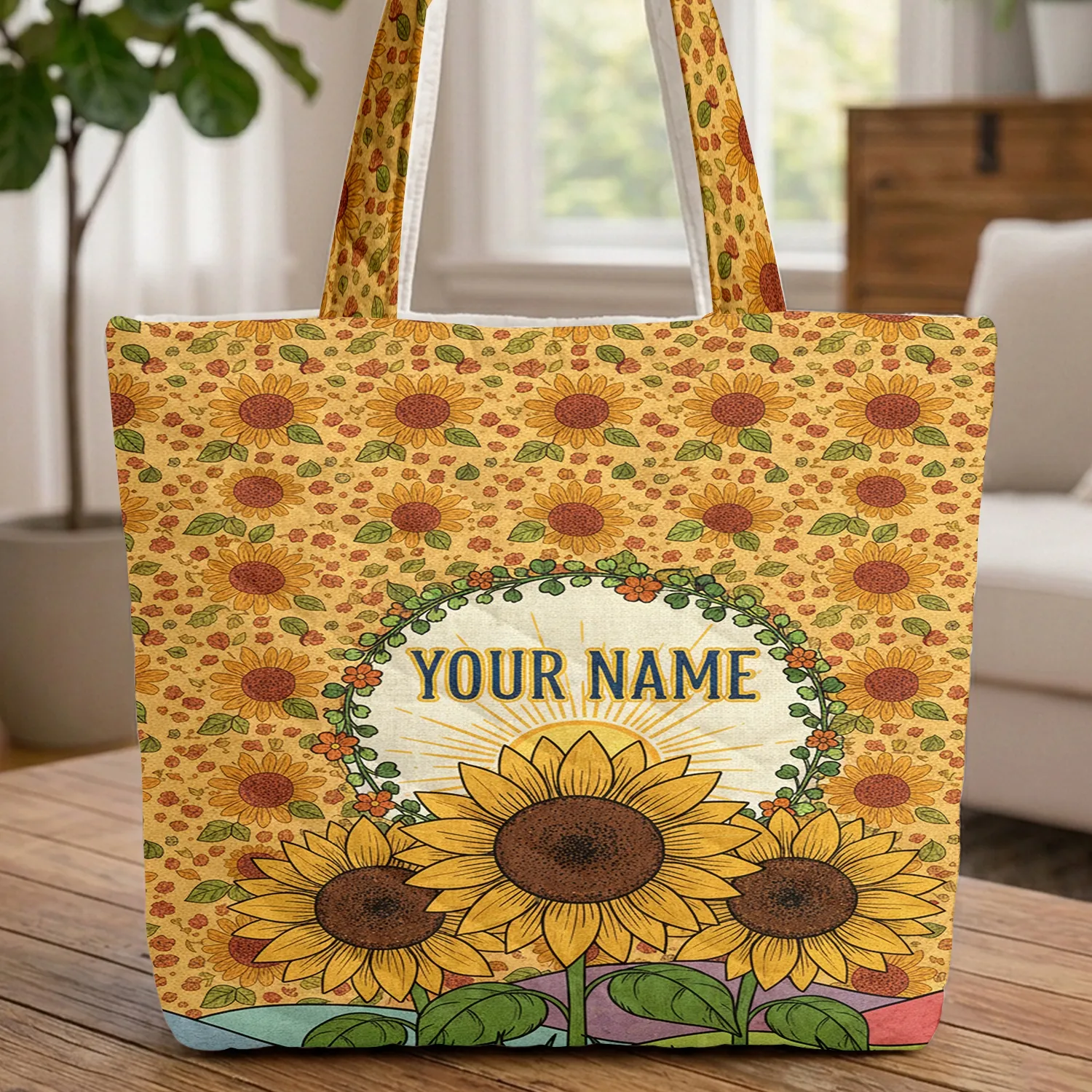 Floral Wreath Personalized Sunflowers Radiant Sun Rainbow Hills - Everyday Carry Gift Quilted Tote Bag - 1