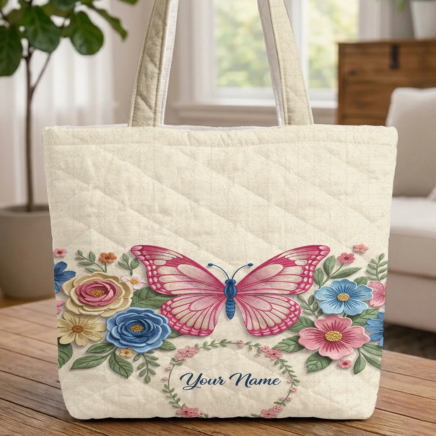 Pink Butterfly Large Small Flowers Swirling Vines Floral Wreath - Everyday Carry Travel Gift Quilted Tote Bag - 1