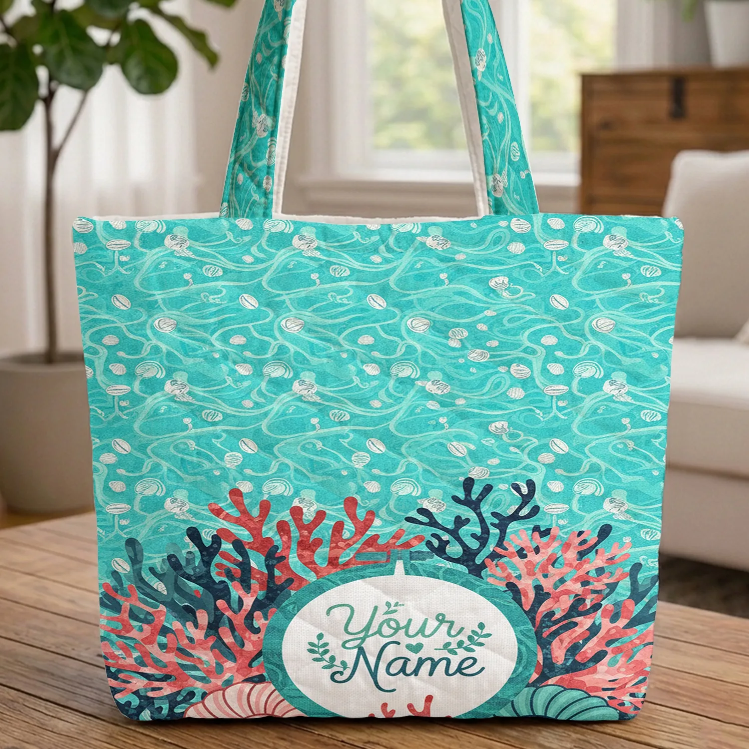 Coral Sea Anemone Seashells Rippling Water - Everyday Carry Gift for Ocean Lover Quilted Tote Bag - 1