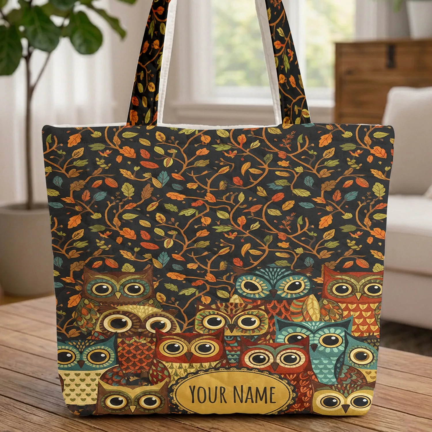 Personalized Name Patterned Owls Fall Leaves - Autumn Lifestyle Gift Quilted Tote Bag - 1