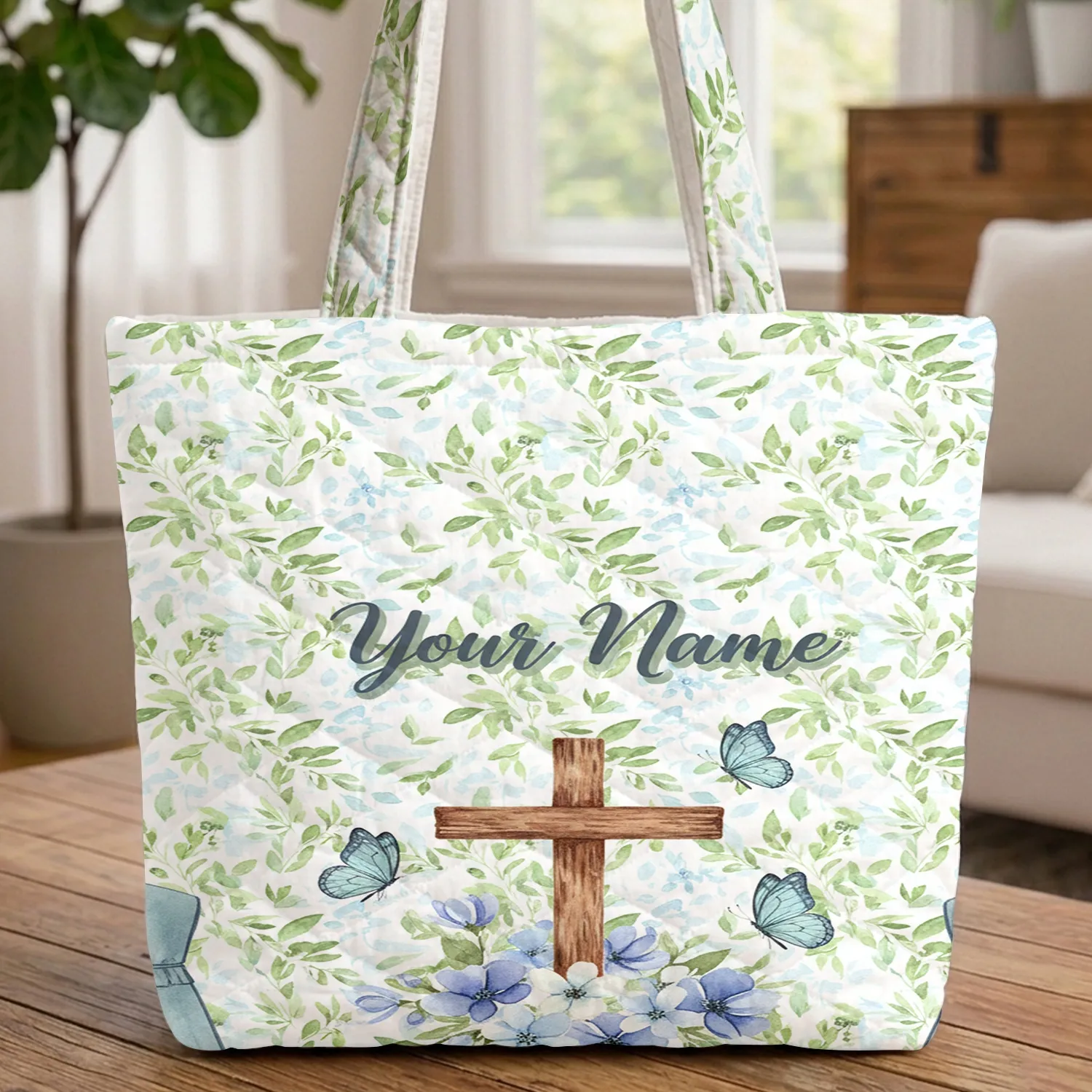 Rustic Wooden Cross Floral Butterflies Name Calligraphy - Everyday Carry Gift Quilted Tote Bag - 1