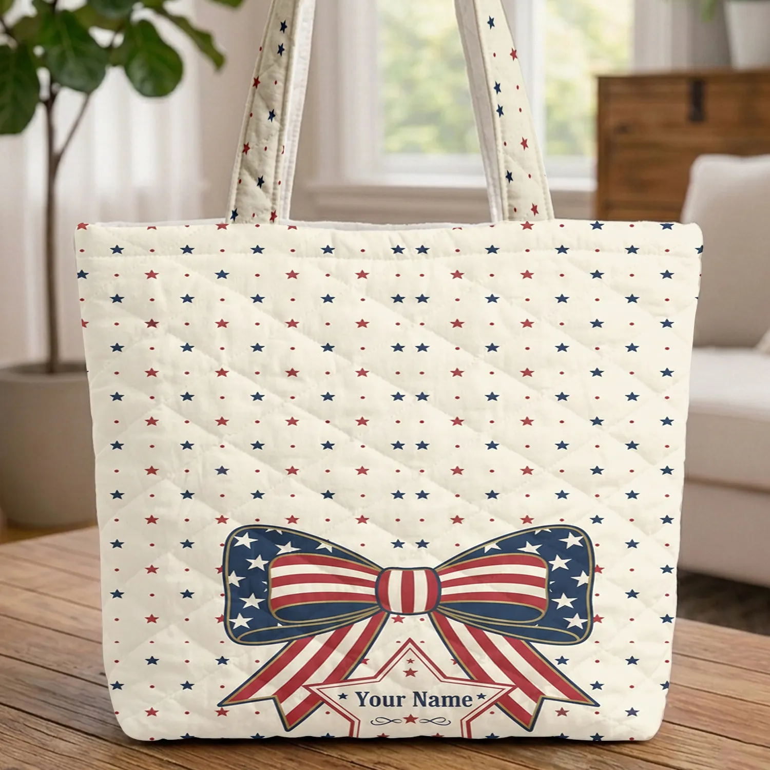 Patriotic Bow Stars Stripes Everyday Carry Gift Quilted Tote Bag - 1