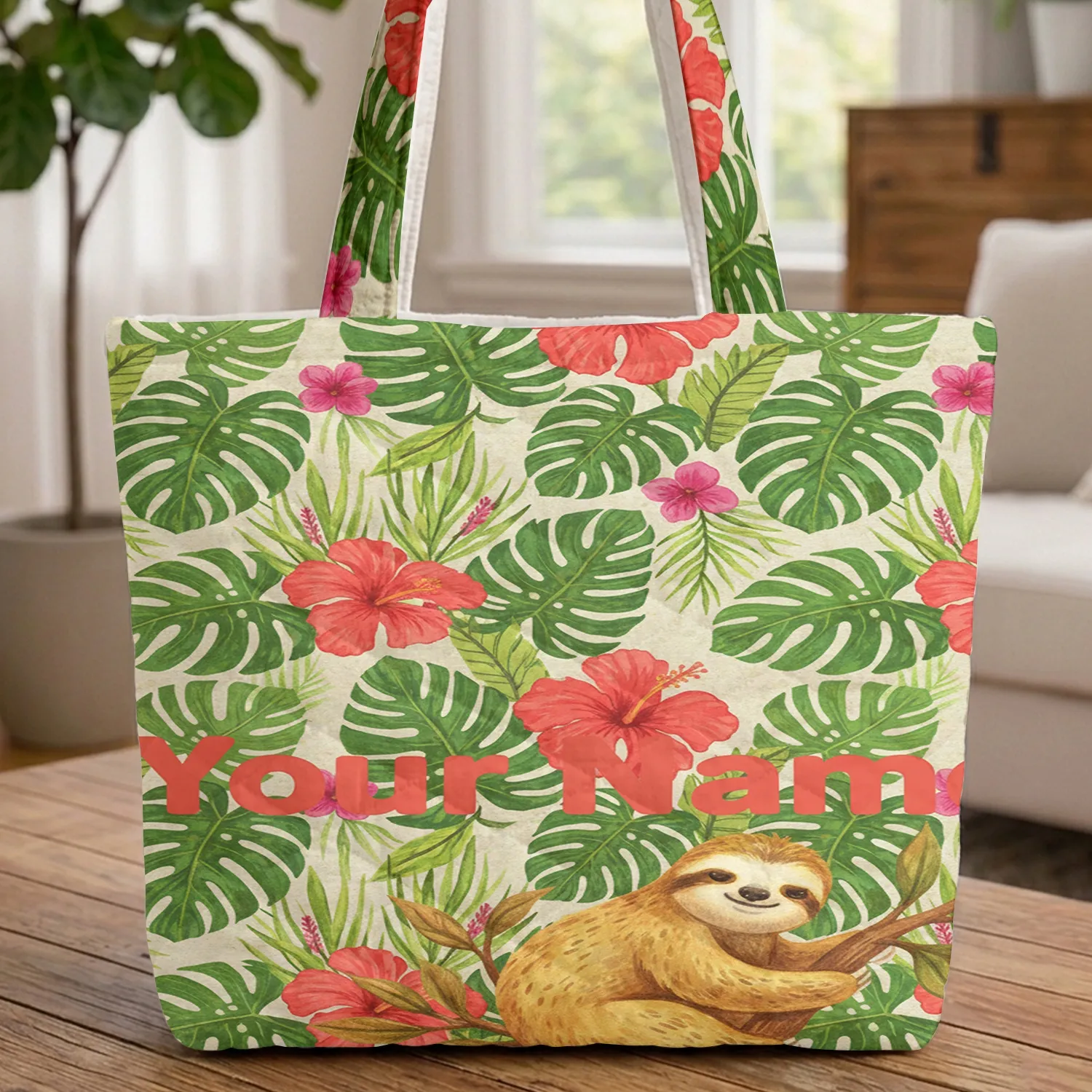 Sloth Tropical Hibiscus Foliage - Everyday Carry Gift for Sloth Lover Quilted Tote Bag - 1