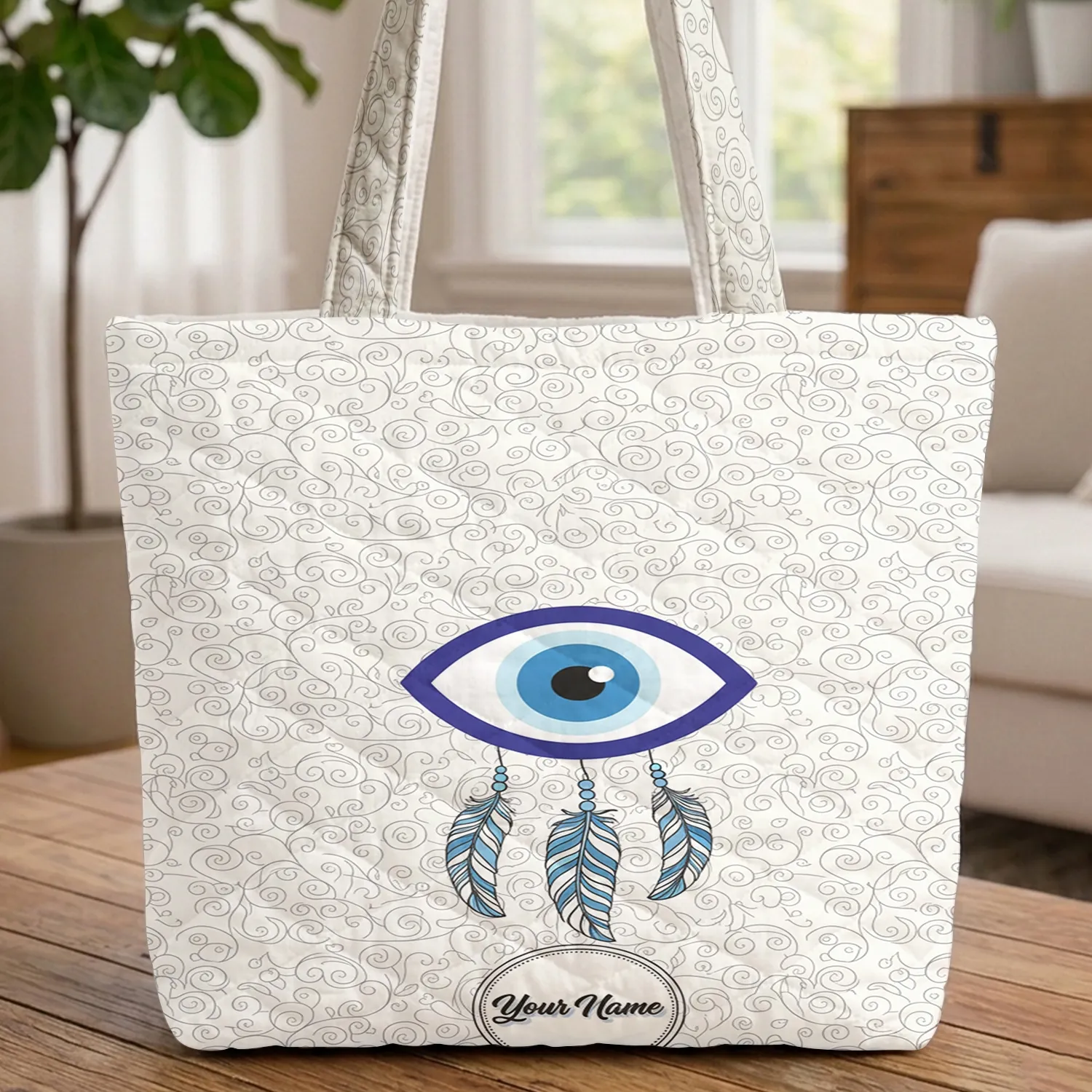 Evil Eye Symbol Feather Organic Leaf Swirl Everyday Carry Travel Gift Quilted Tote Bag - 1
