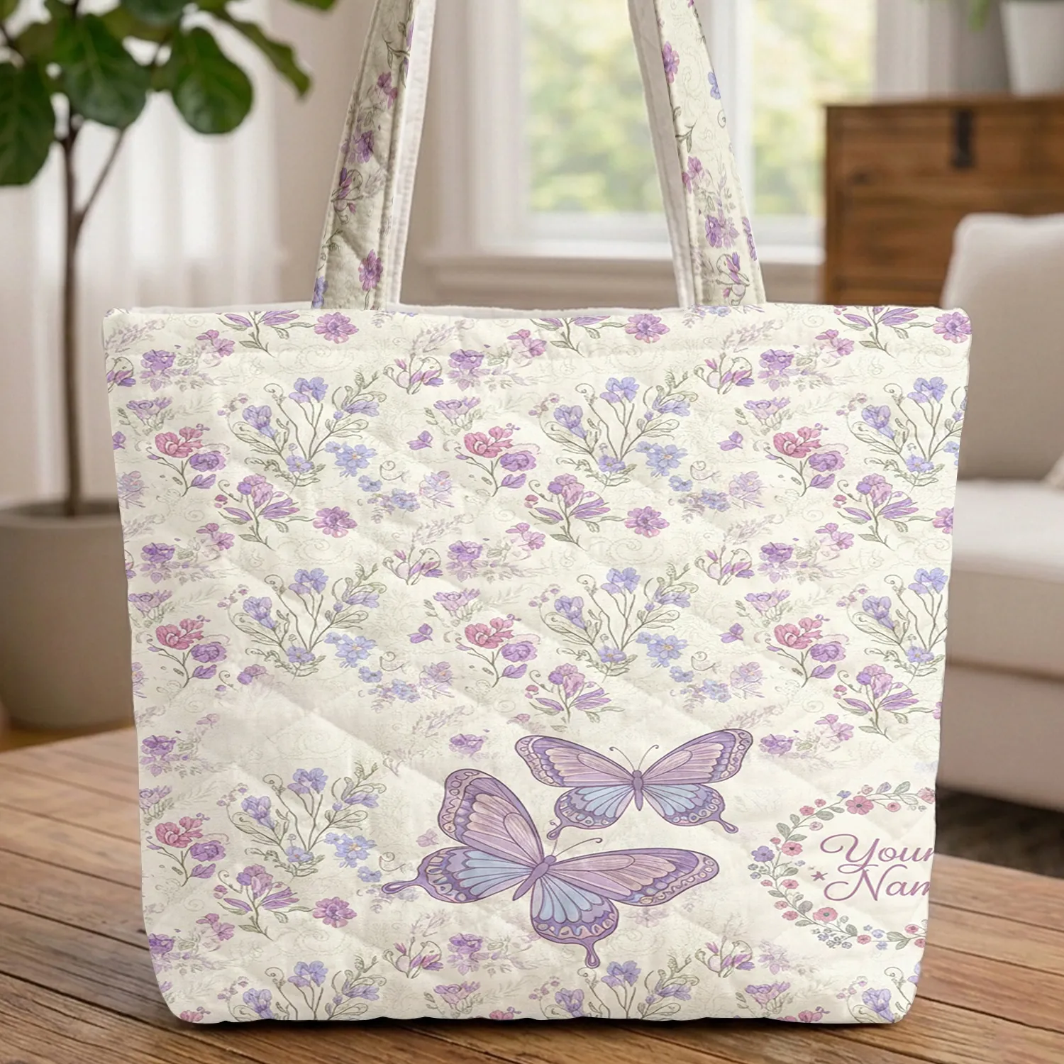 Ornate Butterflies Botanical Floral Wreath Flowing Calligraphy - Everyday Lifestyle Carry Quilted Tote Bag - 1