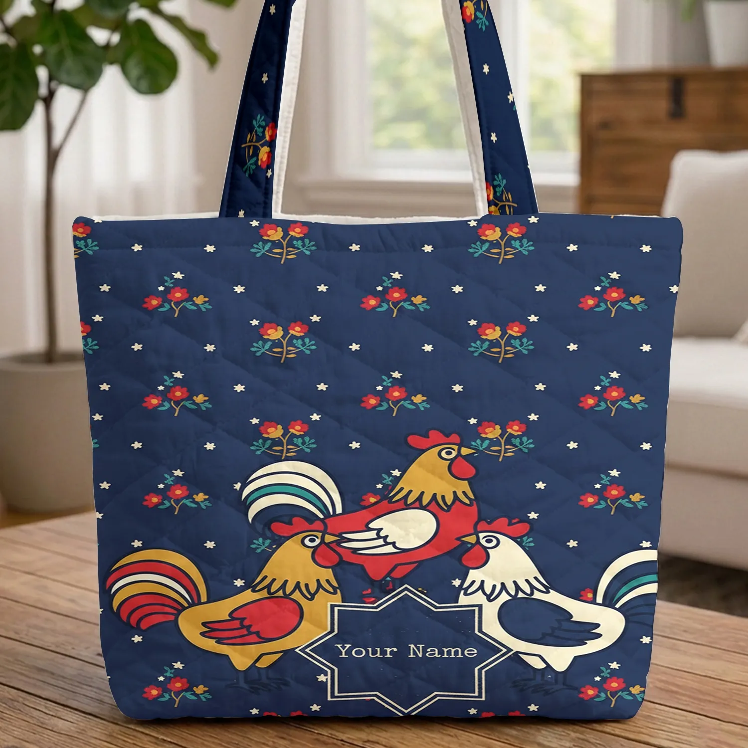 Folk Art Roosters Floral Stars Name Cartouche - Farmhouse Market Day Carry Gift Quilted Tote Bag - 1