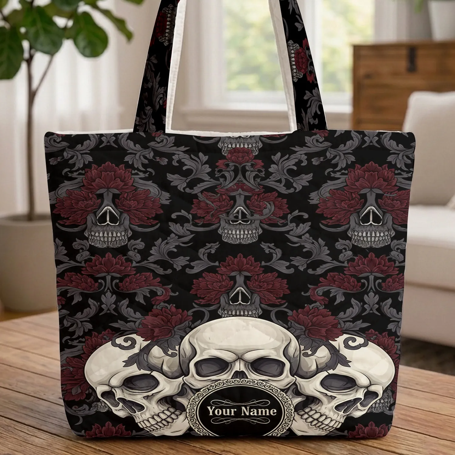 Gothic Skull Floral Personalized Name - Everyday Carry Gift for Skull Lover Quilted Tote Bag - 1