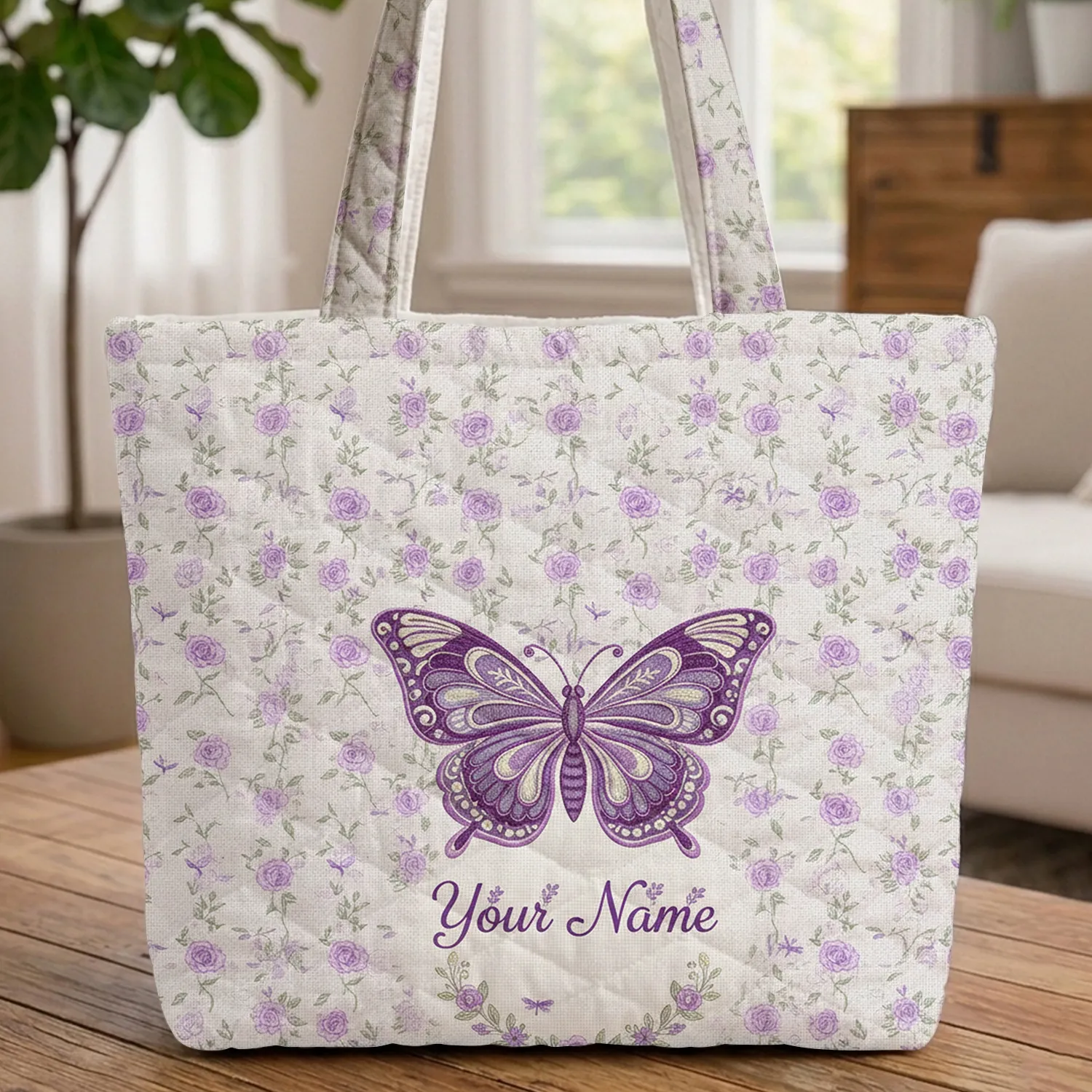 Lavender Roses Butterfly Floral Wreath Everyday Carry Gift for Her Quilted Tote Bag - 1
