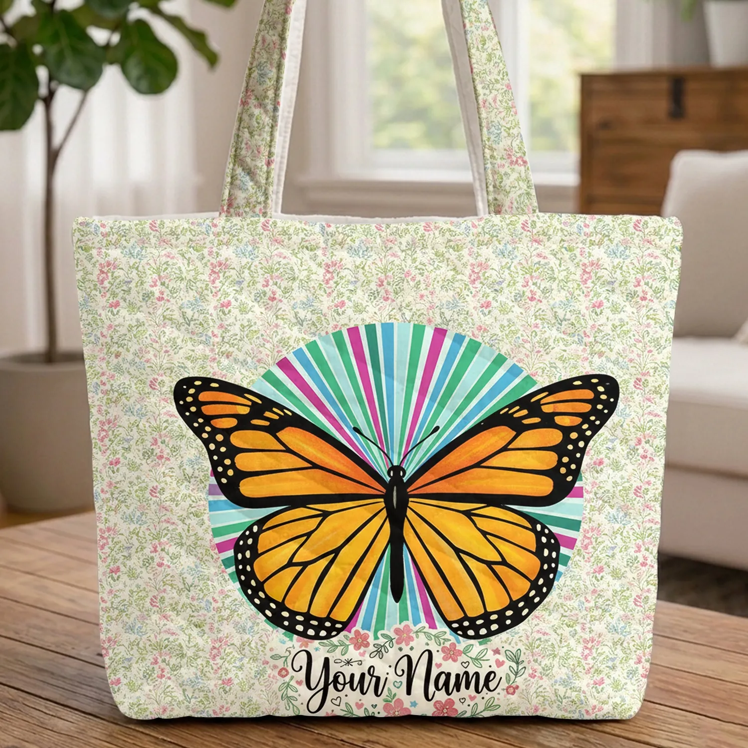 Monarch Butterfly Botanical Floral Everyday Carry Gift for Butterfly Lover Quilted Tote Bag - 1