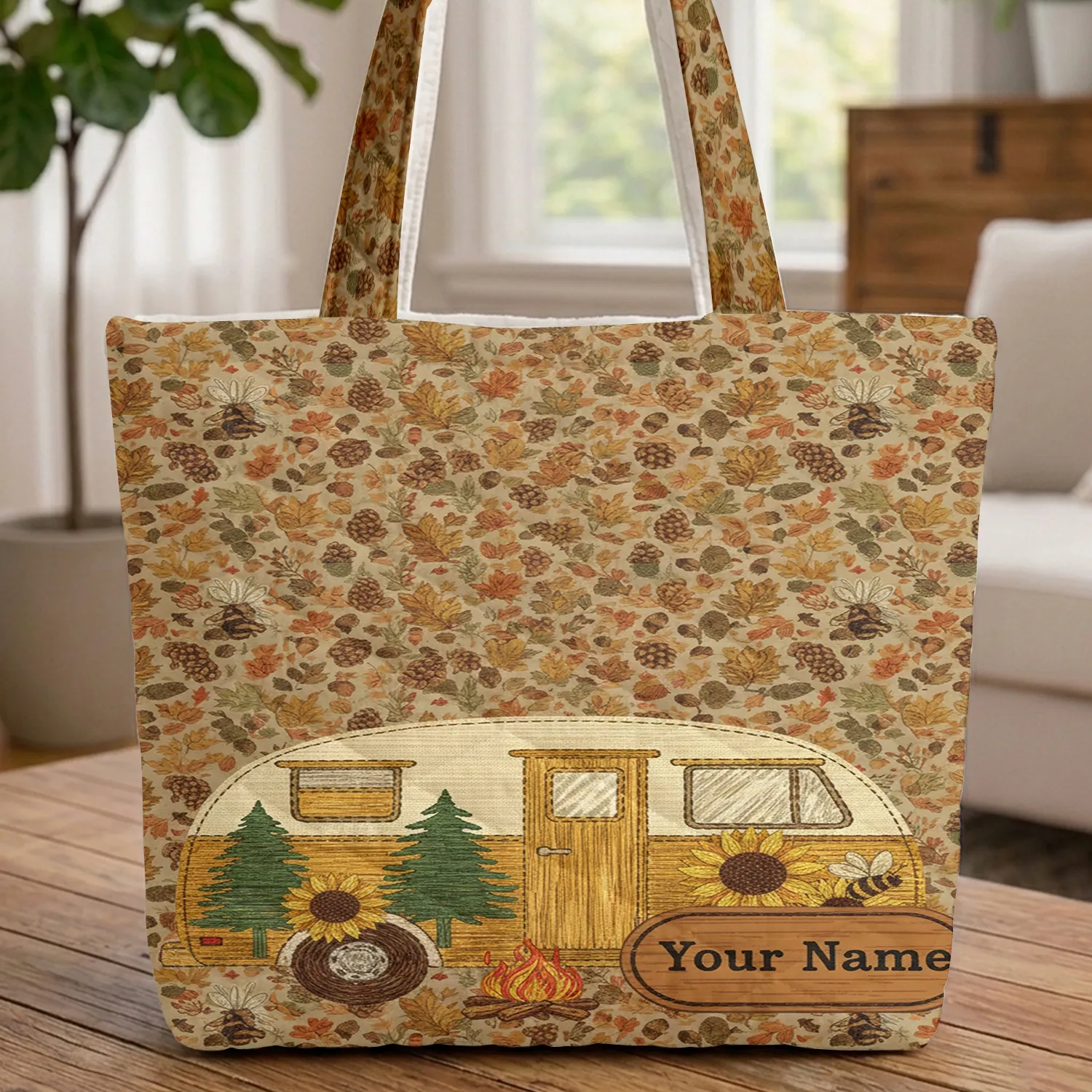 Vintage Camper Van Pine Sunflowers Autumn Leaves Acorns Wooden Sign - Travel Gift Quilted Tote Bag - 1