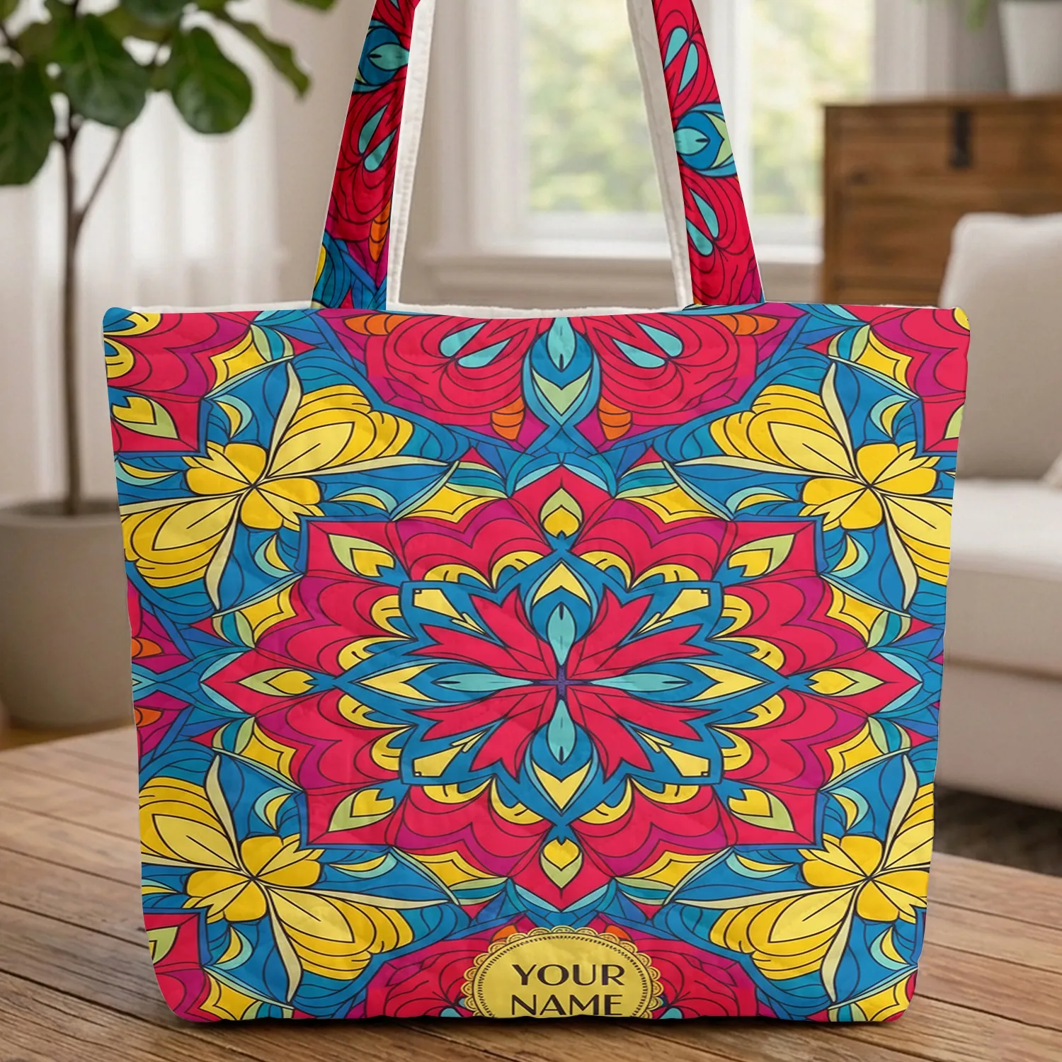 Stained Glass Flower Mandala Custom Name - Everyday Carry Gift Quilted Tote Bag - 1