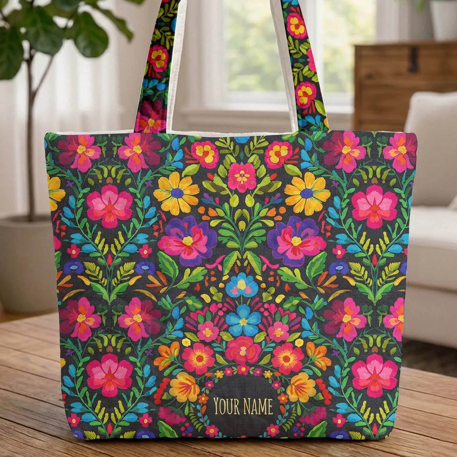 Folk Art Embroidered Flowers Foliage Floral Wreath Storybook Caps - Everyday Carry Gift Quilted Tote Bag - 1