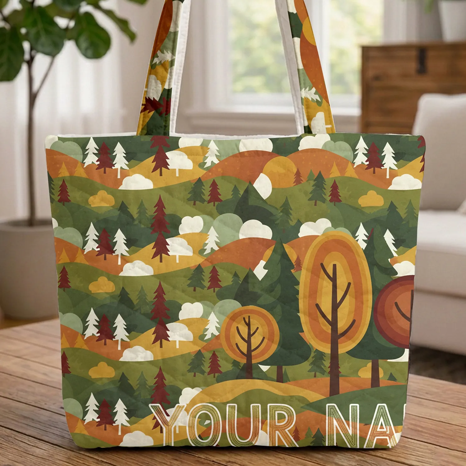 Pine Deciduous Trees Rolling Hills Clouds Everyday Carry Gift Quilted Tote Bag - 1