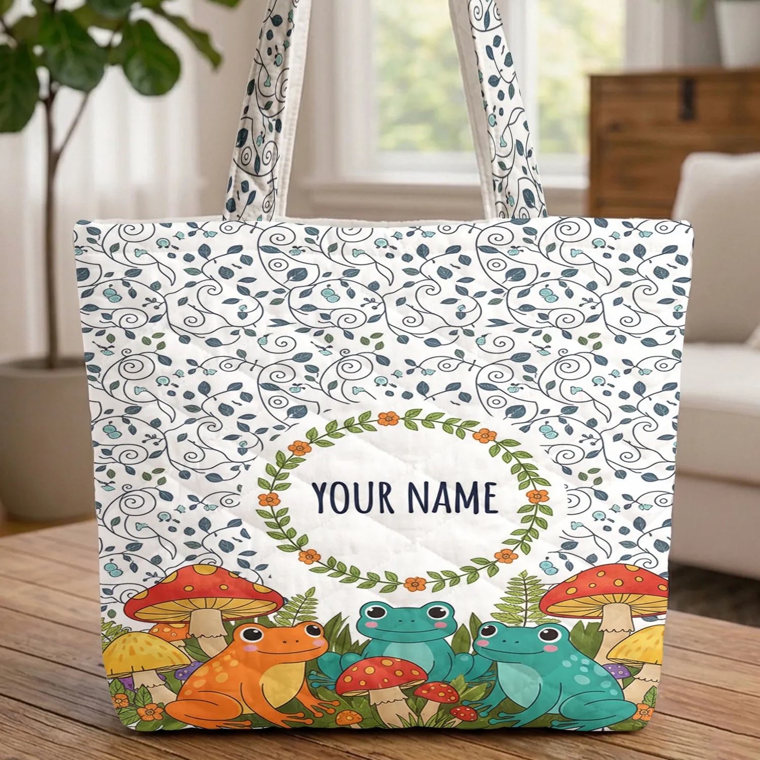 Three Frogs Mushroom Floral Personalized - Everyday Carry Gift Quilted Tote Bag - 1