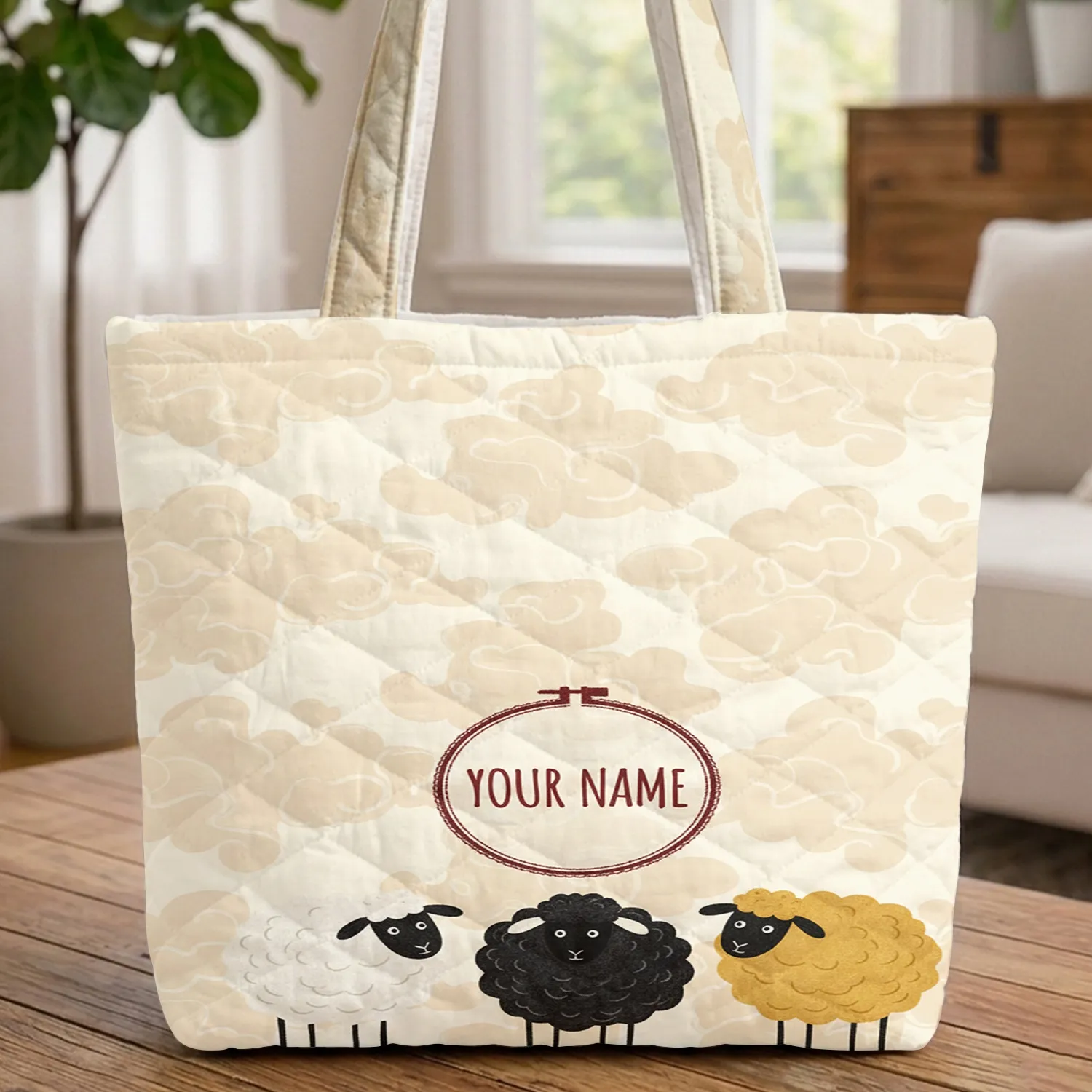 Storybook Three Sheep Embroidered Frame - Everyday Carry Gift for Sheep Lover Quilted Tote Bag - 1
