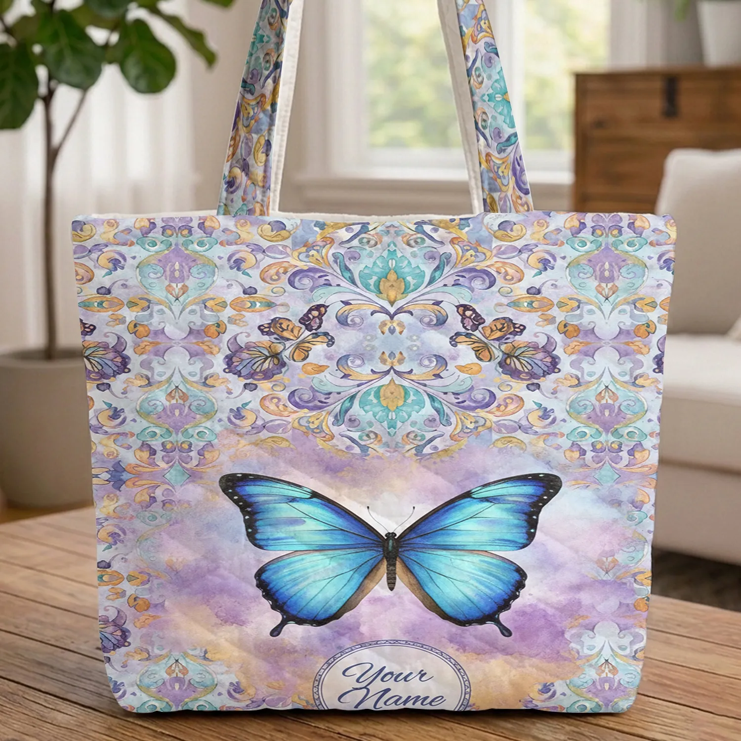 Morpho Butterfly Monarch Floral Personalized Name Everyday Carry Gift Quilted Tote Bag - 1