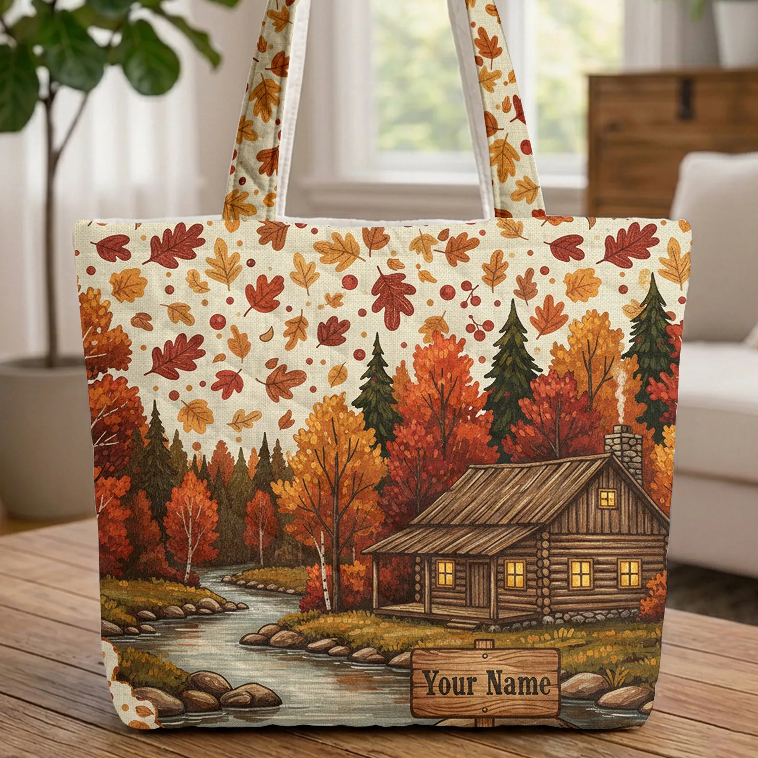 Rustic Log Cabin Autumn Forest River Wooden Sign with Fall Leaves - Everyday Carry Gift Quilted Tote Bag - 1