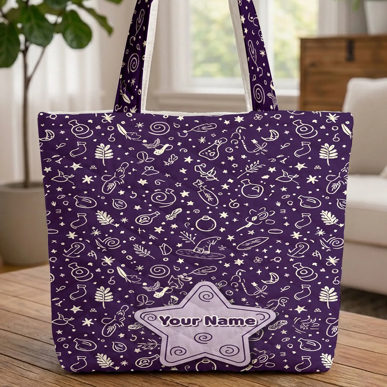 Witchy Stars Swirls Potion Bottles Hat Your Name Star - Everyday Carry Gift Quilted Tote Bag - 1