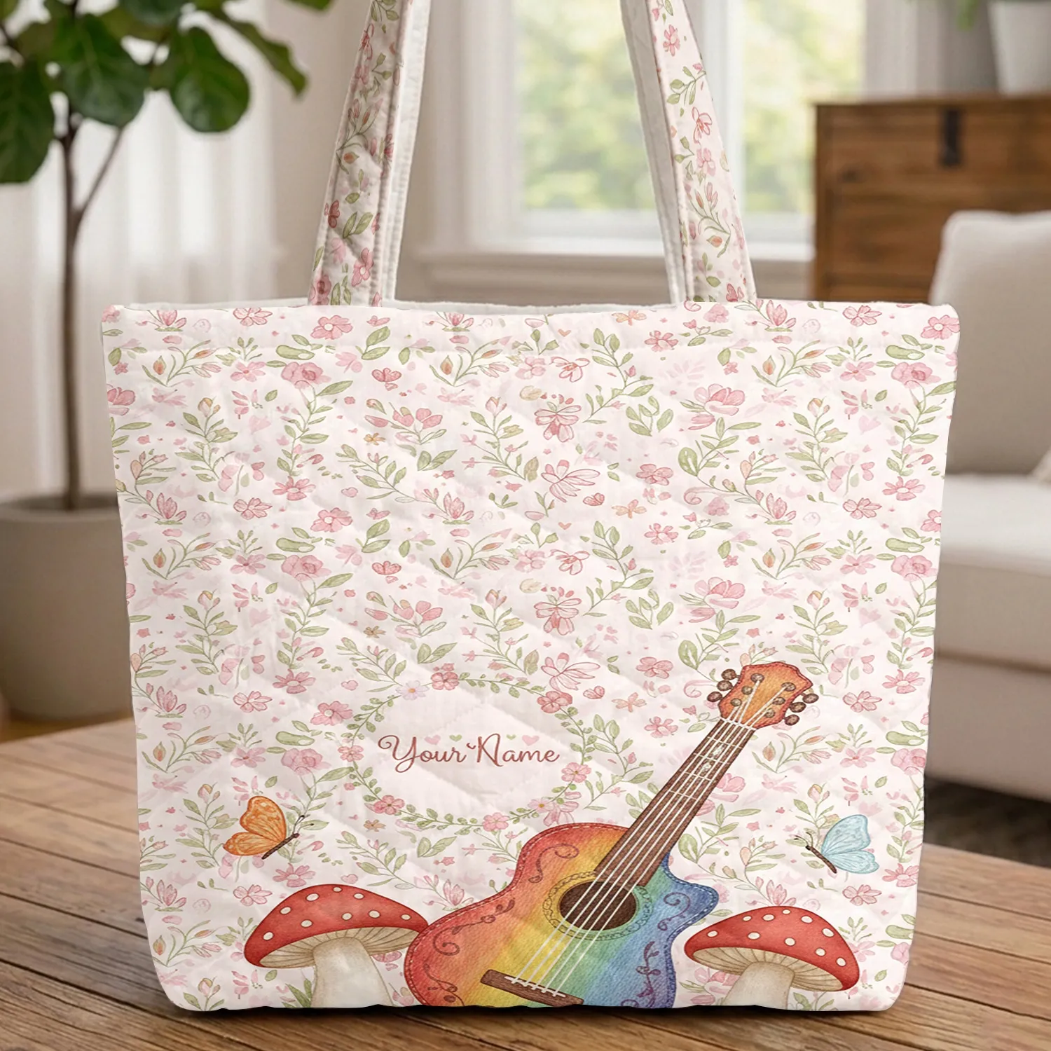 Rainbow Guitar Mushroom Butterflies Floral Wreath Everyday Carry Gift Quilted Tote Bag - 1