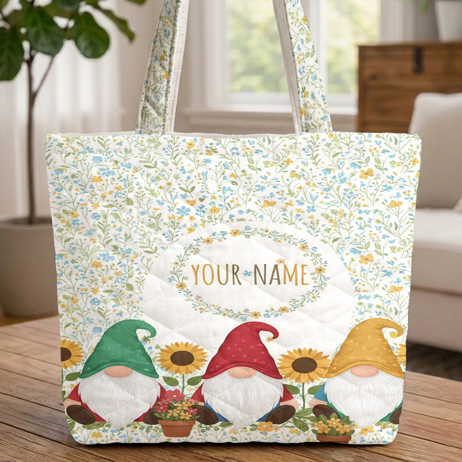 Adorable Gnomes Wildflower Garden Floral Wreath Name - Everyday Carry Gift for Gnome Lover Quilted Tote Bag - 1