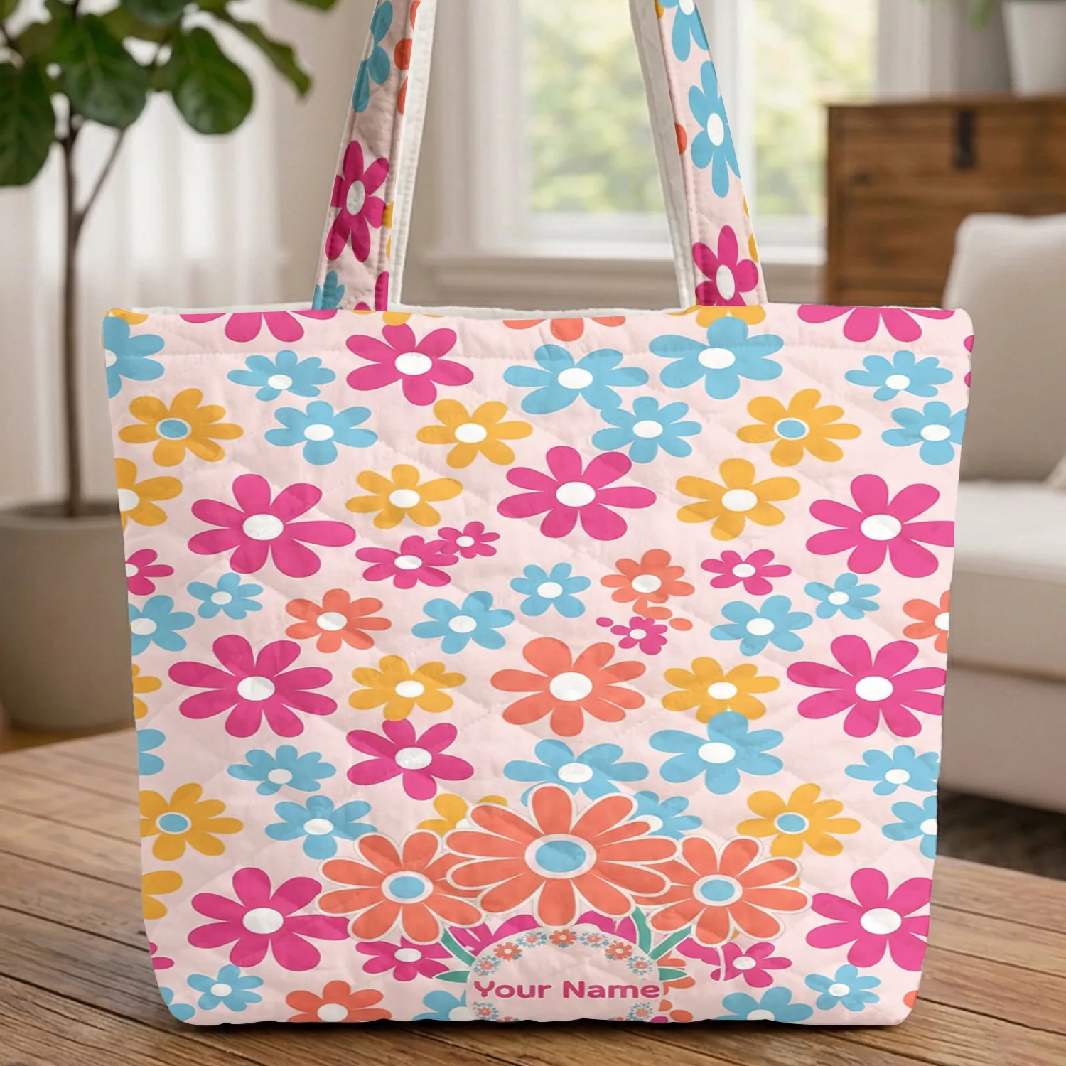 Pale Pink Fuchsia Coral Yellow Light Blue Daisy Flowers Bouquet - Everyday Carry Gift Quilted Tote Bag - 1
