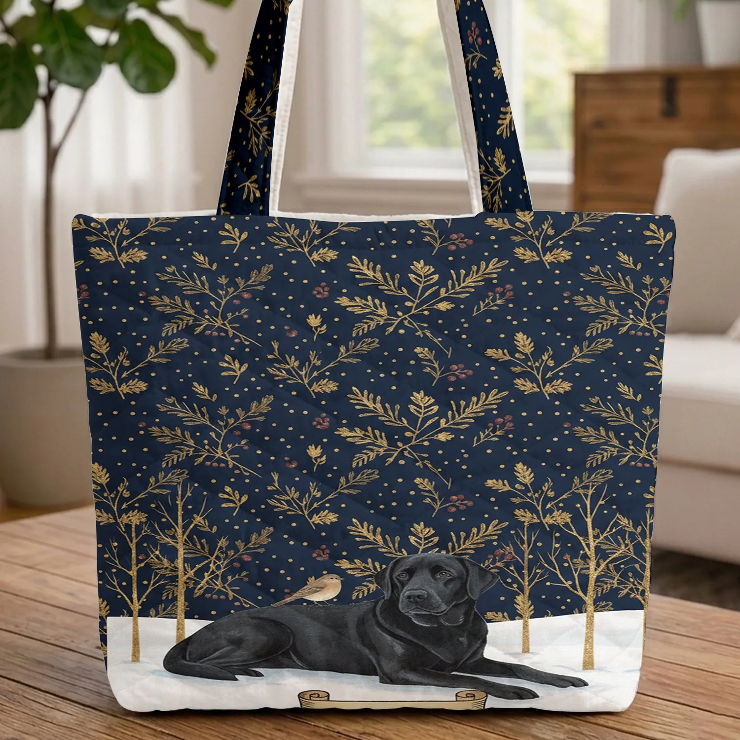 Personalized Black Labrador Dog Winter Foliage - Pet Lover Everyday Carry Gift Quilted Tote Bag - 1