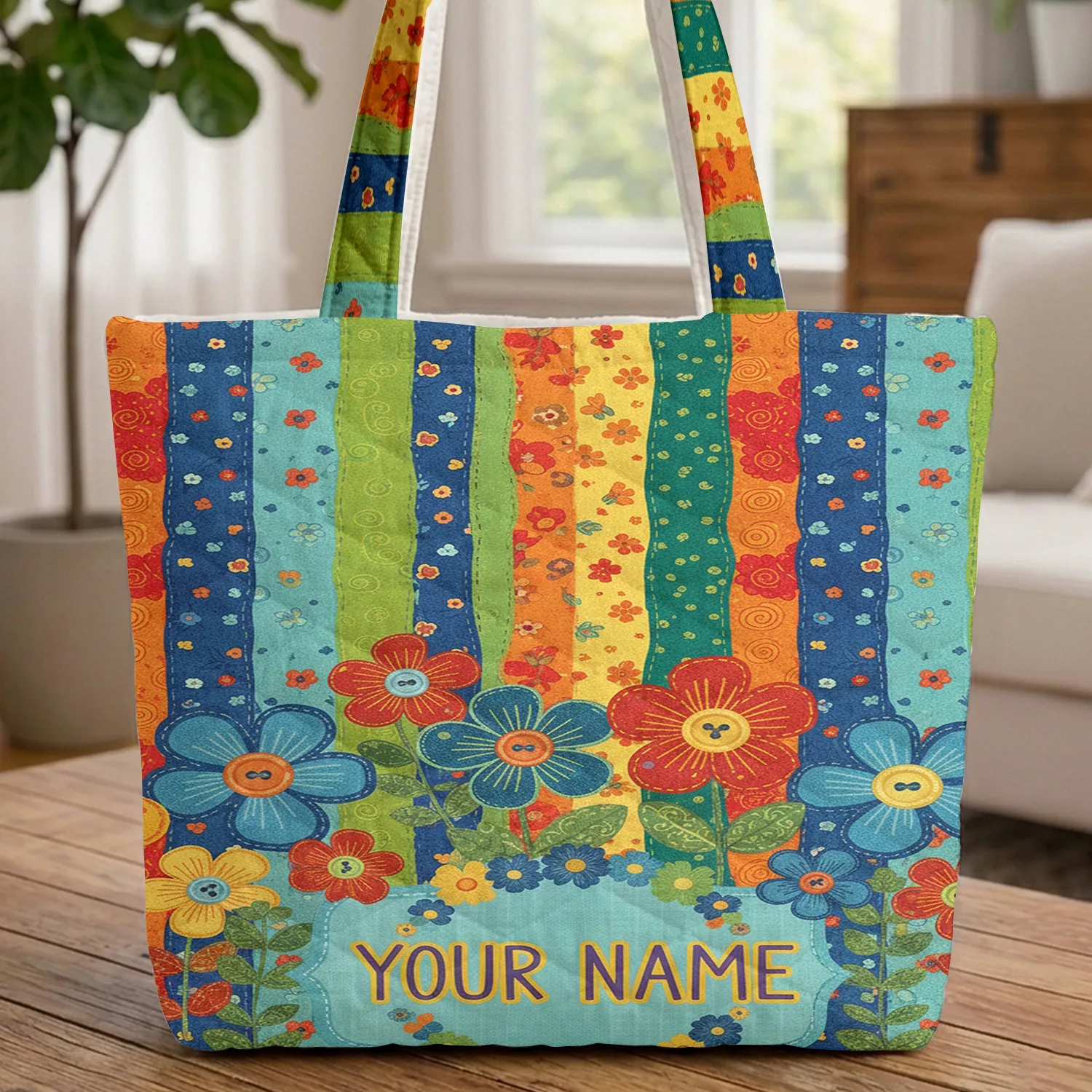 Folk Art Quilting Yo-Yo Flowers Botanical Shapes Vertical Patchwork - Everyday Carry Gift Quilted Tote Bag - 1