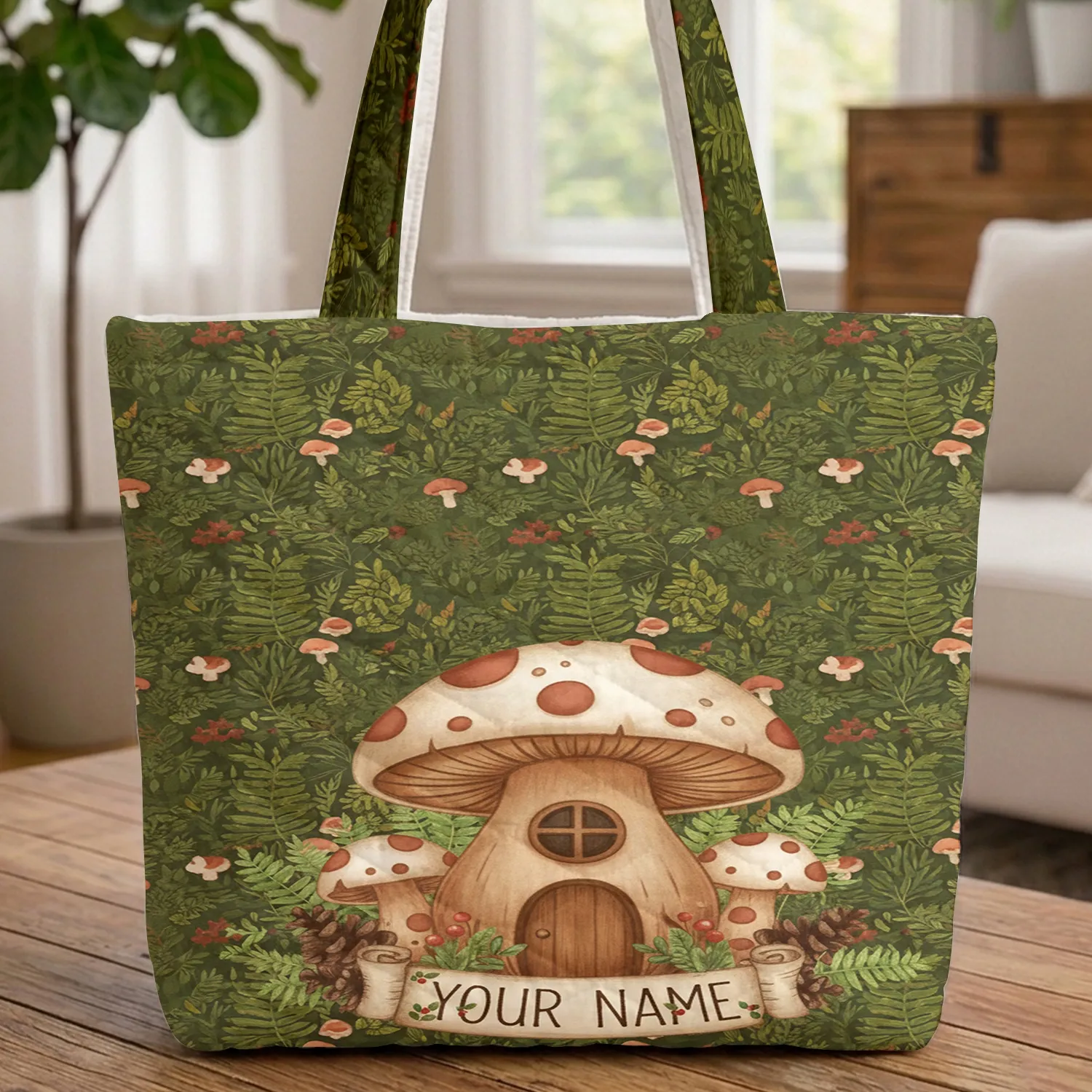 Mushroom House Forest Ferns Pinecones Personalized Name - Everyday Carry Gift Quilted Tote Bag - 1
