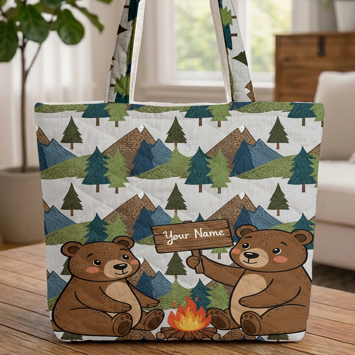Brown Bear Campfire Mountains - Wildlife Lover Everyday Carry Gift Quilted Tote Bag - 1
