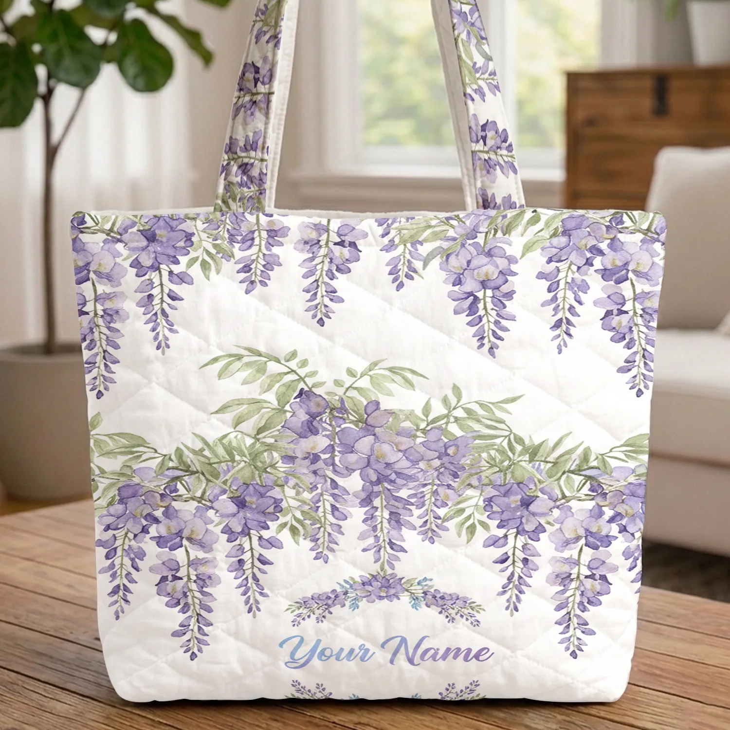 Wisteria Branches Flowers Personalized Wreath - Everyday Carry Gift Quilted Tote Bag - 1