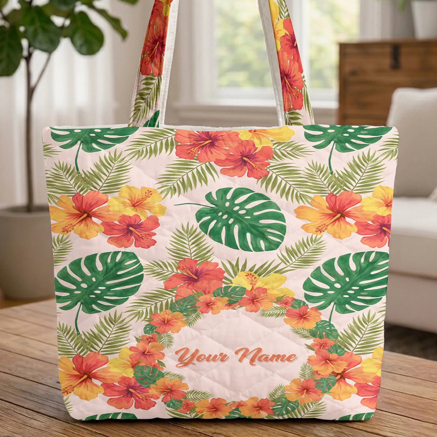 Tropical Garden Monstera Palm Hibiscus Floral Medallion Wreath Everyday Carry Gift Quilted Tote Bag - 1