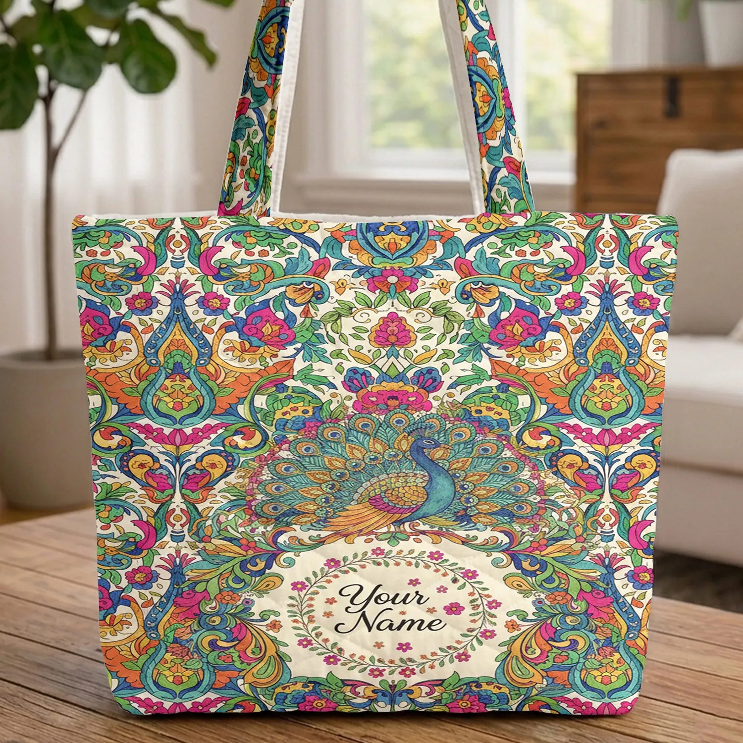 Peacock Botanical Floral Paisley Name Floral Wreath Everyday Carry Gift Quilted Tote Bag - 1