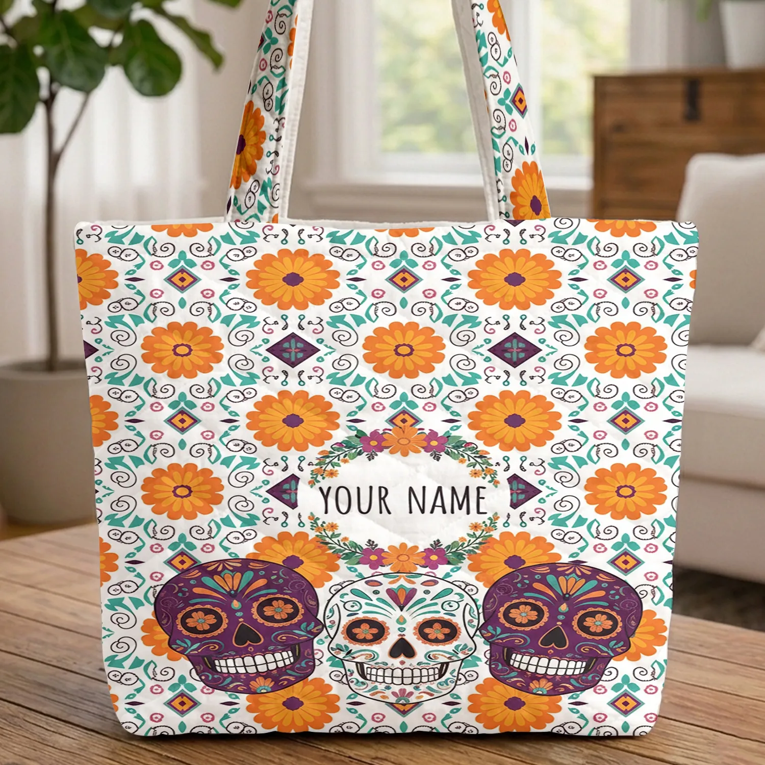 Calaveras Ornate Sugar Skulls Marigold Blossoms Floral Wreath Everyday Carry Gift Quilted Tote Bag - 1