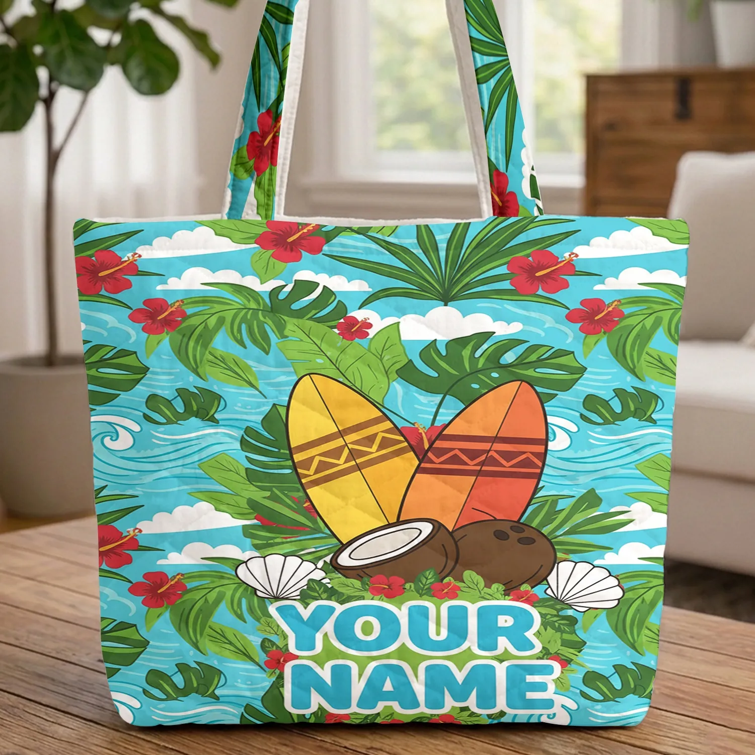 Tropical Surfboards Hibiscus Coconut Seashells - Travel Essentials Quilted Tote Bag - 1